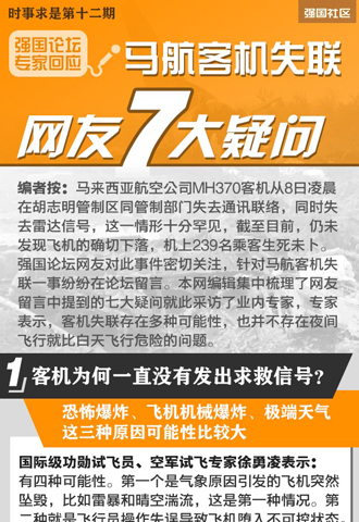 强坛专家回应网友关于马航客机失联7大疑问