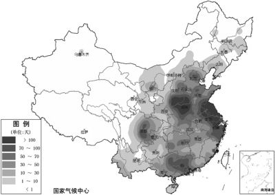 2013年全国雾霾日数分布图。《2013中国环境状况公报》