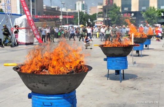 Drugs are burnt on International Day Against Drug Abuse and Illicit Trafficking in Wuzhong City, northwest China's Ningxia Hui Autonomous Region, June 26, 2014. 