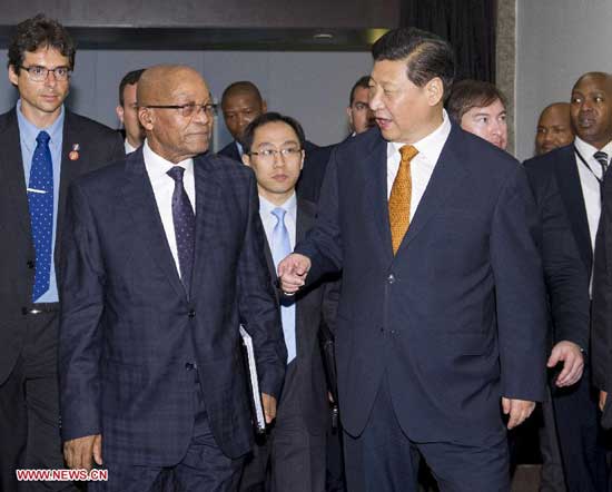 Chinese President Xi Jinping (R, front) meets with South African President Jacob Zuma (L, front) in Fortaleza, Brazil, July 14, 2014. (Xinhua/Wang Ye) 