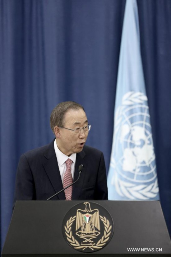 United Nations Secretary General Ban Ki-Moon speaks during a joint news conference in the west bank city of Ramallah on July 22, 2014.