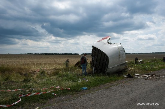 Experts from Malaysian investgation team inspect the crash site of flight MH17 of Malaysia Airlines in Ukraine's Donetsk region, on July 22, 2014.