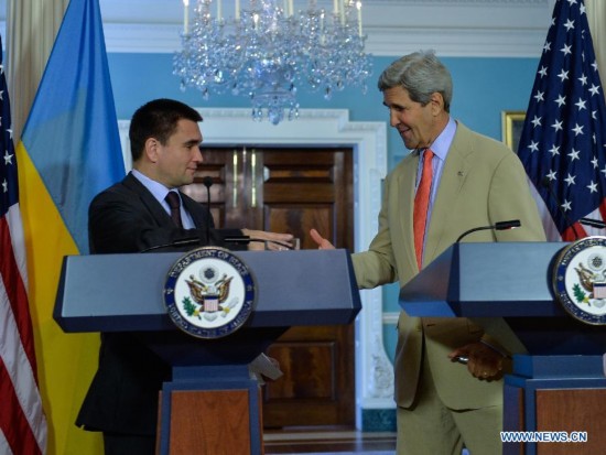 U.S. Secretary of State John Kerry (R) and Ukrainian Foreign Minister Pavlo Klimkin attend a joint news conference at the State Department in Washington D.C., capital of the United States, July 29, 2014.