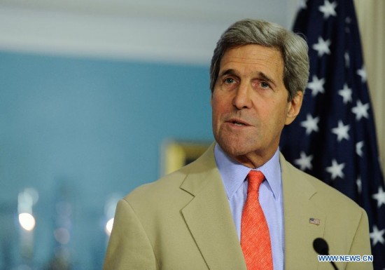 U.S. Secretary of State John Kerry speaks during a joint news conference with Ukrainian Foreign Minister Pavlo Klimkin at the State Department in Washington D.C., capital of the United States, July 29, 2014