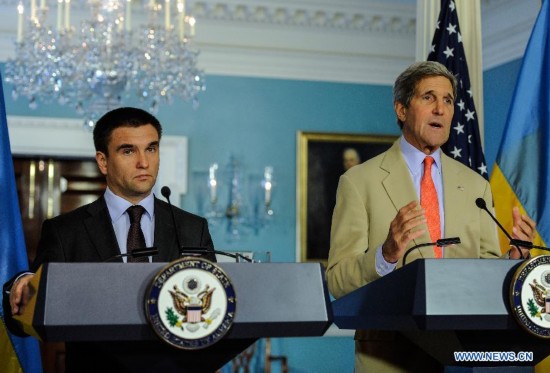 U.S. Secretary of State John Kerry (R) and Ukrainian Foreign Minister Pavlo Klimkin attend a joint news conference at the State Department in Washington D.C., capital of the United States, July 29, 2014.