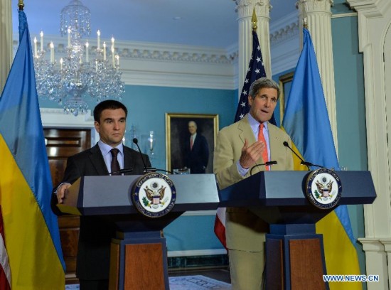 U.S. Secretary of State John Kerry (R) and Ukrainian Foreign Minister Pavlo Klimkin attend a joint news conference at the State Department in Washington D.C., capital of the United States, July 29, 2014. 