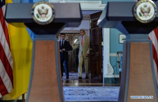 U.S. Secretary of State John Kerry (R) and Ukrainian Foreign Minister Pavlo Klimkin attend a joint news conference at the State Department in Washington D.C., capital of the United States, July 29, 2014.