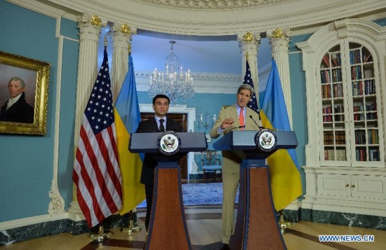 U.S. Secretary of State John Kerry (R) and Ukrainian Foreign Minister Pavlo Klimkin attend a joint news conference at the State Department in Washington D.C., capital of the United States, July 29, 2014.