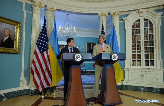 U.S. Secretary of State John Kerry (R) and Ukrainian Foreign Minister Pavlo Klimkin attend a joint news conference at the State Department in Washington D.C., capital of the United States, July 29, 2014.