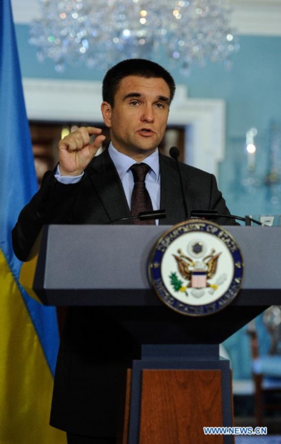 Ukrainian Foreign Minister Pavlo Klimkin speaks during a joint news conference with U.S. Secretary of State John Kerry at the State Department in Washington D.C., capital of the United States, July 29, 2014.