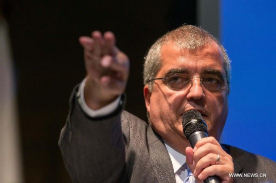 Mario Andrada, director for communications of the Organizing Committee of Rio 2016 Olympic and Paralympic Games, presides over a press conference marking the two-year countdown of the opening of Rio 2016 Olympic Games in Rio de Janeiro, Brazil, Aug. 4, 2014. 