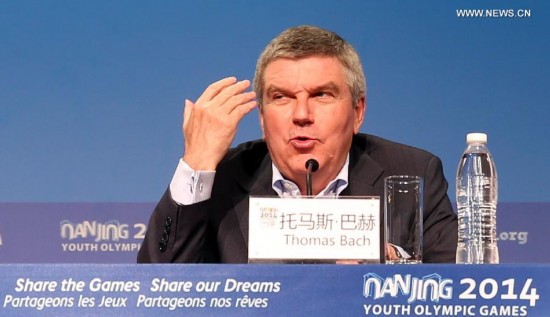 Thomas Bach, the president of International Olympic Committee, speaks during the International Olympic Committee press conference on the last day of Nanjing 2014 Youth Olympic Games in Nanjing, capital of east China's Jiangsu Province, on August 28, 2014. 