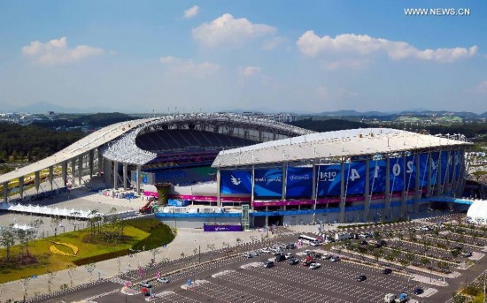 Photo taken on Sept. 19, 2014 shows the Incheon Asiad Main Stadium, where the opening ceremony of the 17th Asian Games will be held, in Incheon, South Korea. 