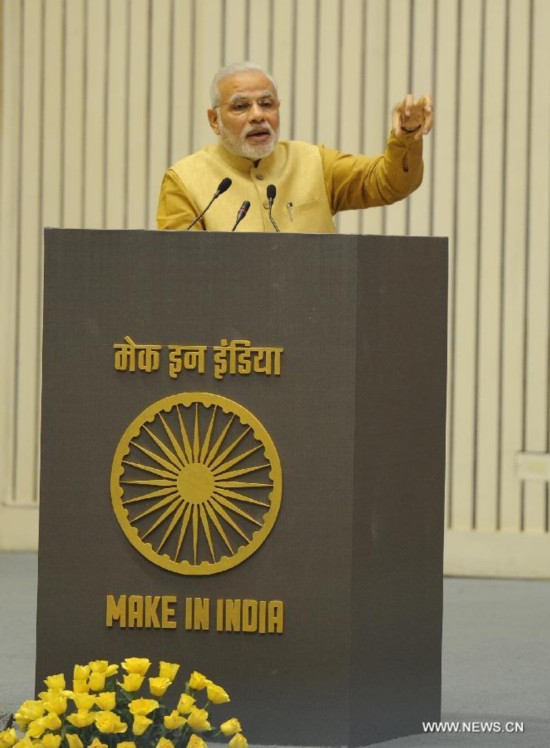 Indian Prime Minister Narendra Modi addresses business leaders from India and abroad during the launch of his 'Make in India' initiative prior to his scheduled departure to the United States in New Delhi, India, Sept. 25, 2014. 