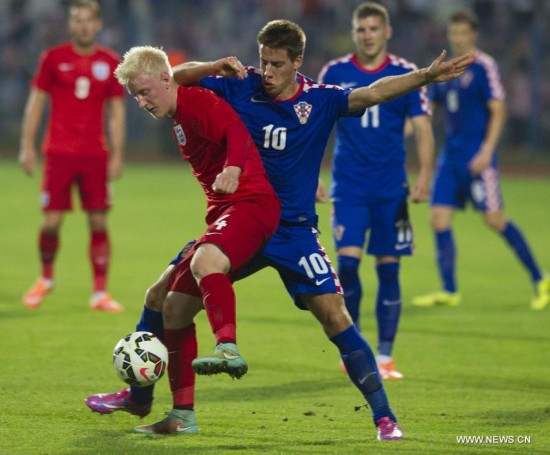 William Hughes (L) of England vies with Mario Pasalic of Croatia during a UEFA Euro U-21 Championship 2015 play-off match at the Cibalia Stadium in Vinkovci, Croatia, Oct. 14, 2014. England won 2-1. 