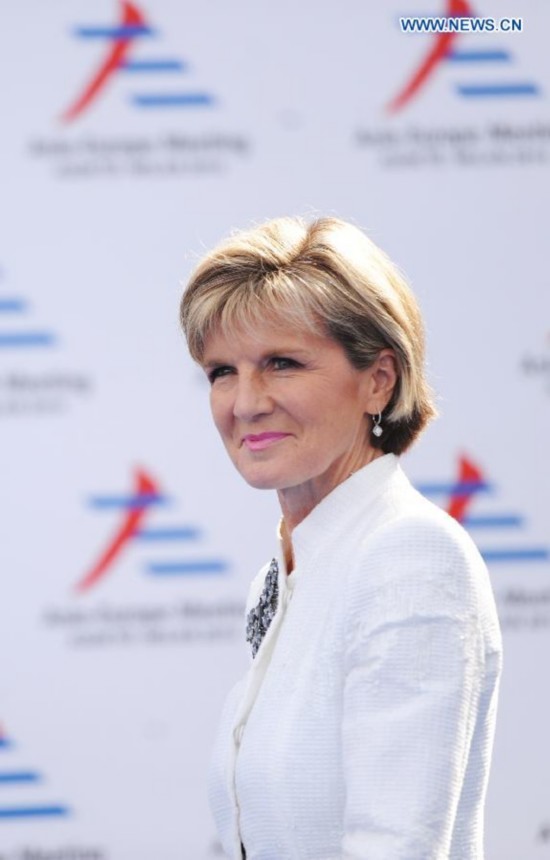 Australian foreign minister Julie Bishop arrives for the Asia-Europe Meeting (ASEM) in Milan, Italy on October 16,2014. The tenth Asia-Europe Meeting (ASEM) opened in Milan on Thursday under the theme of 'Responsible Partnership for Growth and Security.'