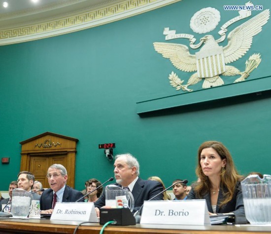 Anthony Fauci(2nd L), director of the National Institute of Allergy and Infectious Diseases, part of the National Institutes of Health (NIH) testifies during a hearing on Examining the U.S. Public Health Response to the Ebola Outbreak before the Oversight and Investigations Subcommittee at Capitol Hill in Washington D.C., capital of the United States, Oct. 16, 2014. A hospital in Texas where an Ebola patient died and two nurses were infected apologized Thursday for mishandling the deadly disease, as the National Institutes of Health (NIH) prepared to treat the first nurse who contracted the virus while caring for the deceased.