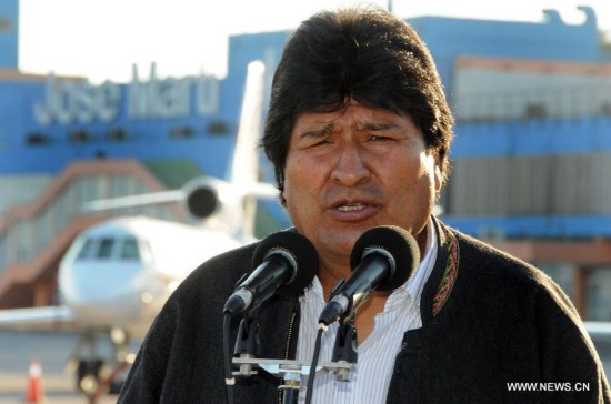 Bolivia's President Evo Morales delivers a speech upon his arrival in Havana, Cuba, on Oct. 20, 2014. 