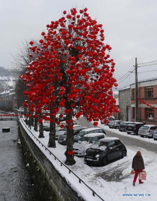 A local resident walks past the tree decorated with Chinese lanterns during the Art Biennale in Theux in eastern Belgium on Jan. 24, 2015.