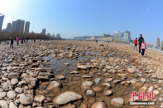 水位下降黄河"露底" 市民河心滩捡石头