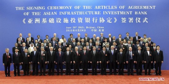 Representatives of the 57 prospective AIIB founding countries signed the agreement on Monday in Beijing