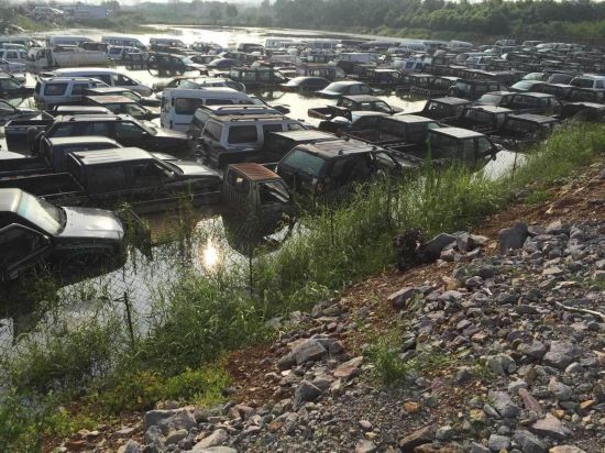 浙江义乌遭暴雨袭击 废弃车被水浸泡(图)