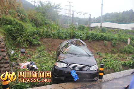 遂宁车祸致1死1伤 轿车撞断9根隔离柱侧翻进农