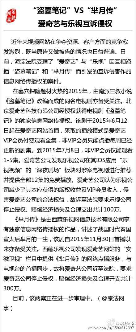 盗墓笔记VS芈月传 爱奇艺与乐视互诉侵权