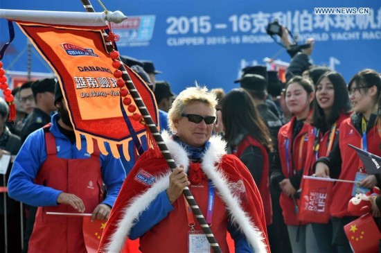 Captain Wendy Tuck of Da Nang-Viet nam prepares for setting off for Race 9 at the Clipper 2015-16 Round the World Yacht Race in Qingdao, east China's Shandong Province, March 20, 2016. 