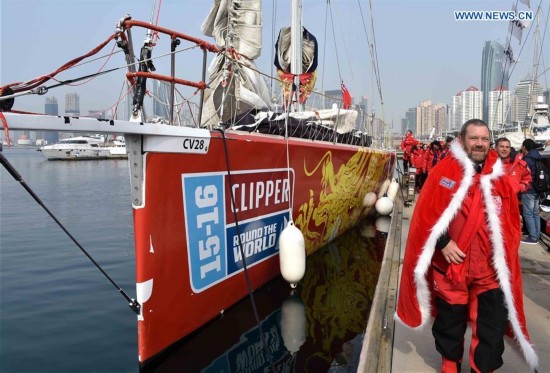 Captain Bob Beggs of Qingao prepares to set off for Race 9 at the Clipper 2015-16 Round the World Yacht Race in Qingdao, east China's Shandong Province, March 20, 2016. 