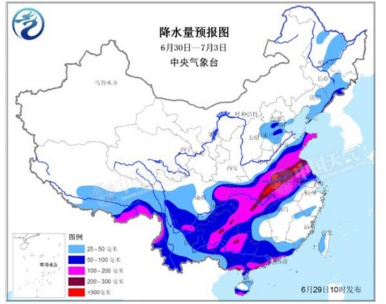 降水量预报图(6月30日—7月3日)