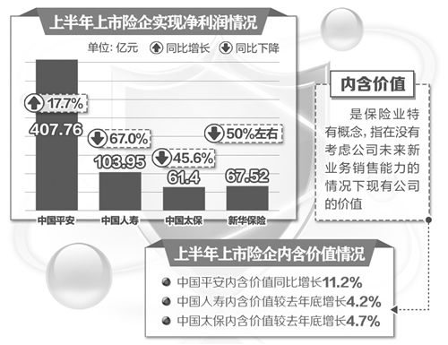 從中報(bào)看，受資本市場波動(dòng)等因素影響，4家保險(xiǎn)上市公司凈利潤均出現(xiàn)大幅下滑。但是，各家公司繼續(xù)堅(jiān)持多元化投資方向，不斷提升新業(yè)務(wù)價(jià)值和公司內(nèi)含價(jià)值