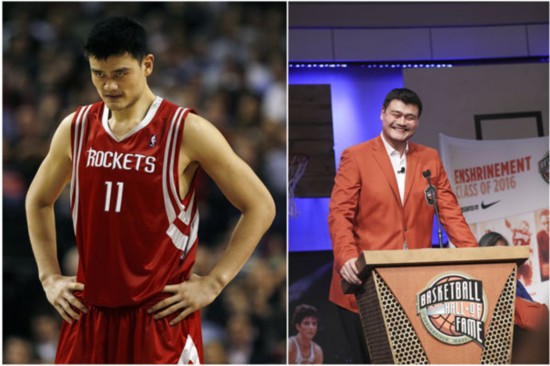 姚明于2002至2011年效力于休斯敦火箭队并在2016年入选nba名人堂