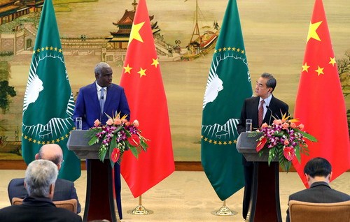 The Chairperson of the African Union Commission Moussa Faki Mahamat (L) meets press with Chinese Foreign Minister Wang Yi on Thursday, February 8, 2018. [Photo: fmprc.gov.cn]