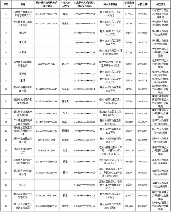 人社部公布今年第一批拖欠农民工工资“黑名单”（附名单） 综合 第1张