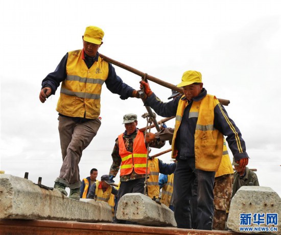 8月30日,工人们在青藏铁路格拉段施工现场作业.