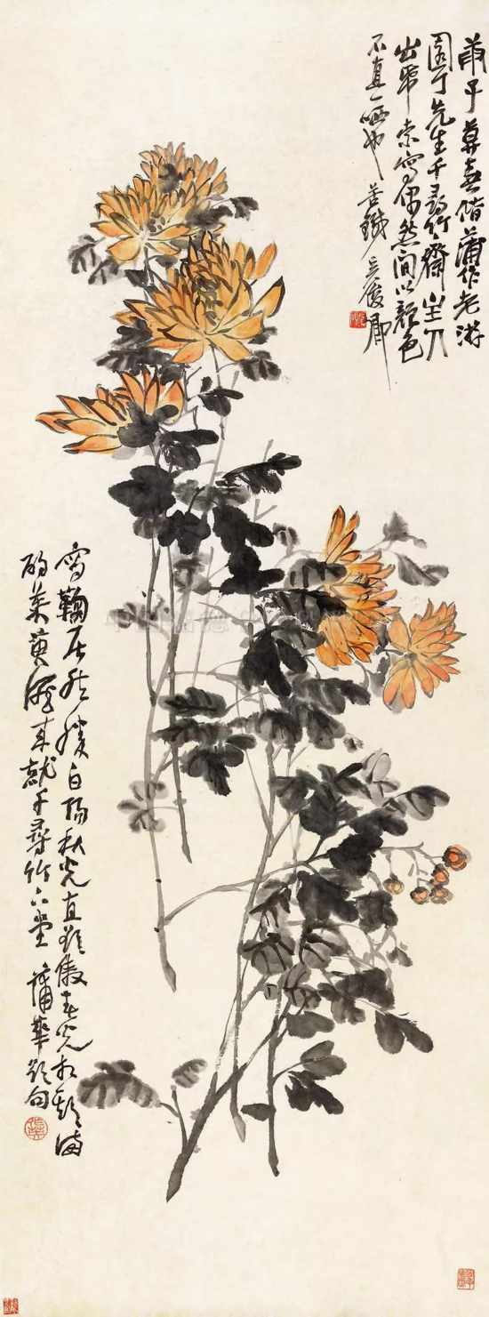 lot 403 吴昌硕 菊花 镜心 设色纸本 134×50 cm