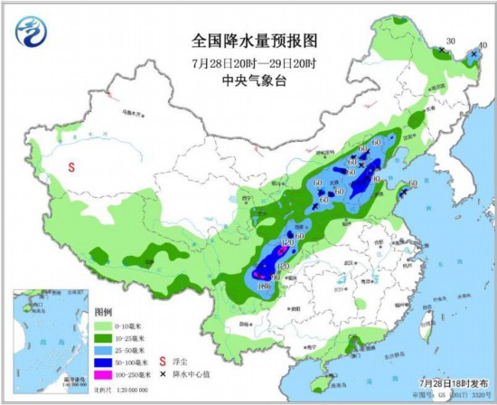 图3 全国降水量预报图(7月28日20时-29日20时)