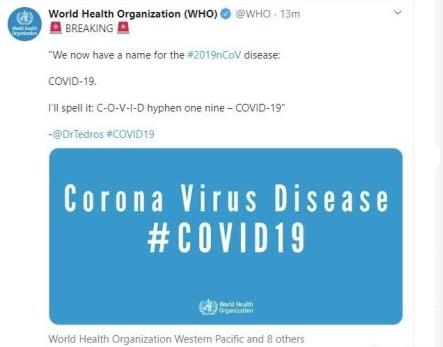 名称定了，新型冠状病毒被命名为“COVID-19”