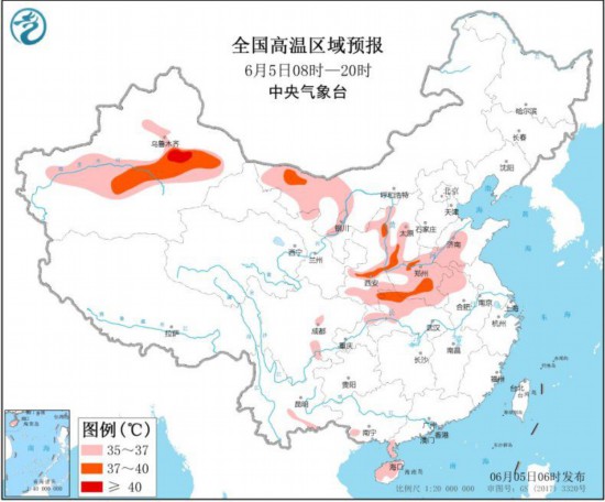 图2全国高温区域预报(6月5日08时-5日20时)