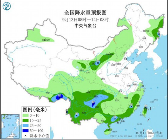 全国降水量预报图(9月13日08时-14日08时)