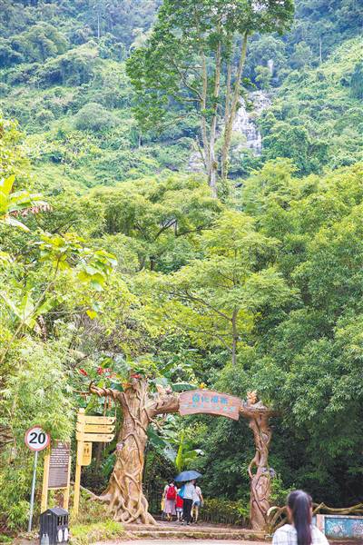 在琼中百花岭热带雨林文化旅游区,游客经过蜿蜒的山路观赏雨林