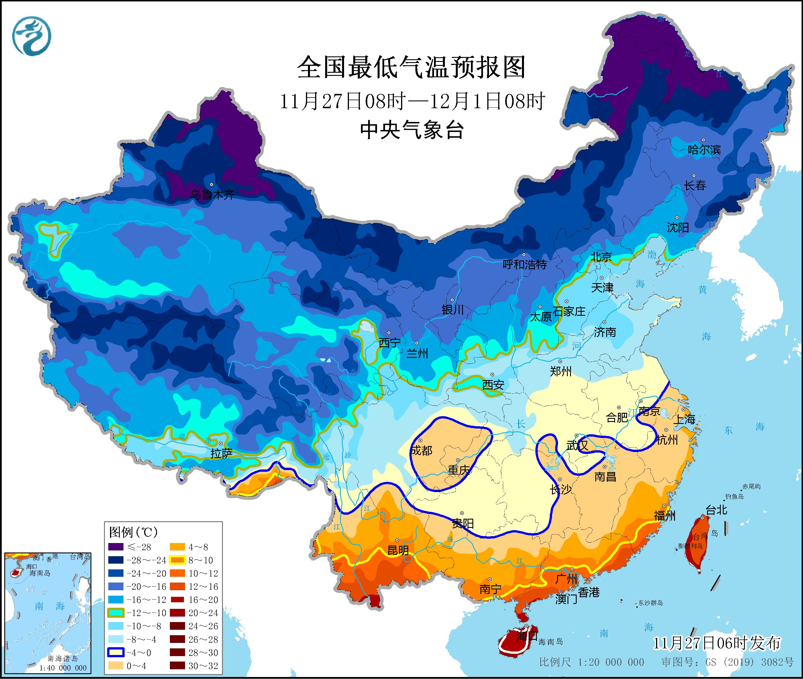 寒潮黄色预警：自西向东影响我国大部 局地降温达20℃以上