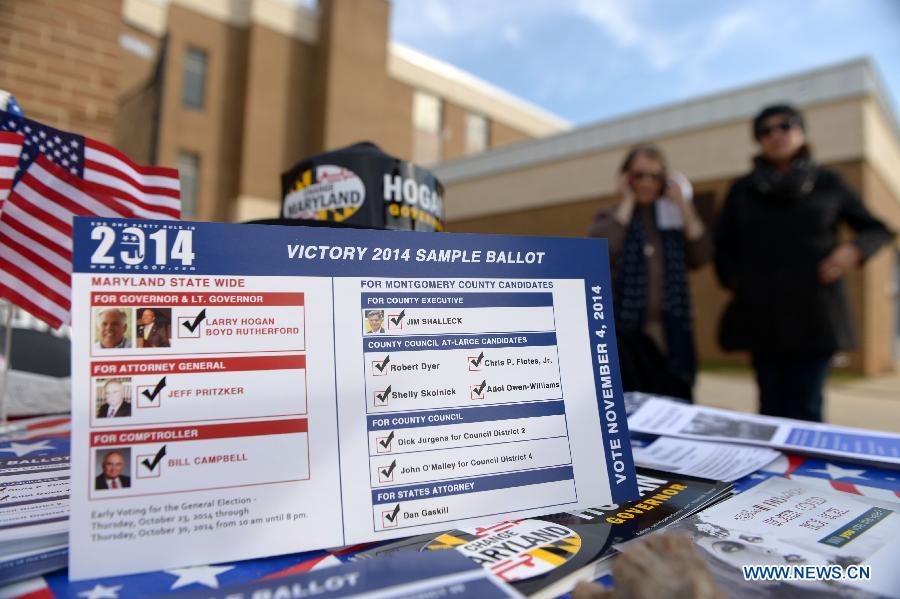 A sample ballot of the U.S. Midterm Elections is seen at a polling place in Rockville, Maryland, the United States, on Nov. 4, 2014. 