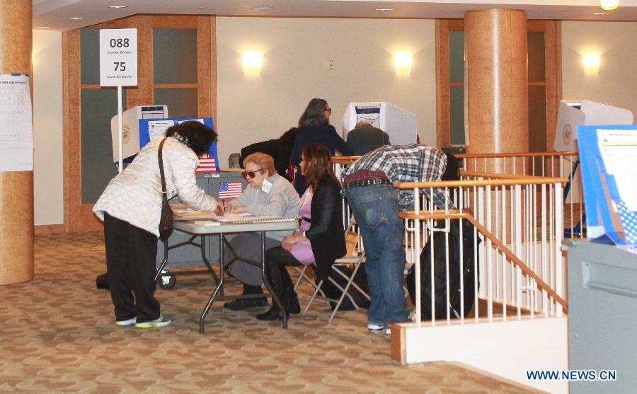 Registered electors cast their votes at a polling station during the Midterm Elections in New York, the United States, on Nov. 4, 2014.