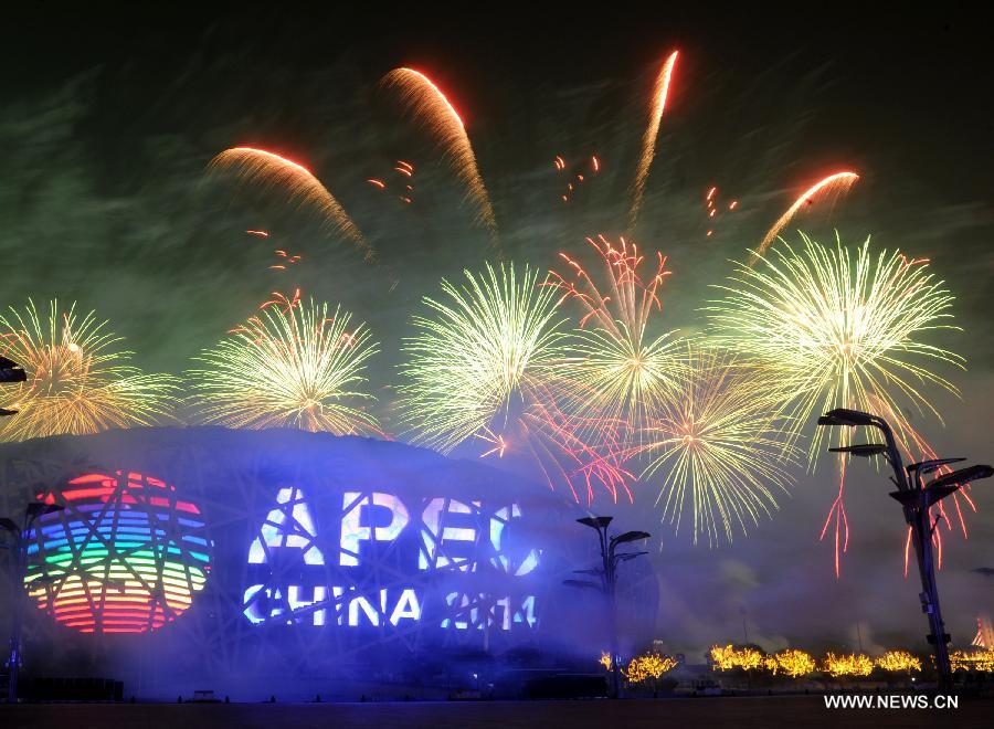 A firework show is staged at Olympic Park in Beijing, capital of China, Nov. 10, 2014. The 22nd Asia-Pacific Economic Cooperation (APEC) Economic Leaders' Meeting takes place in Beijing from Nov. 10 to 11. 