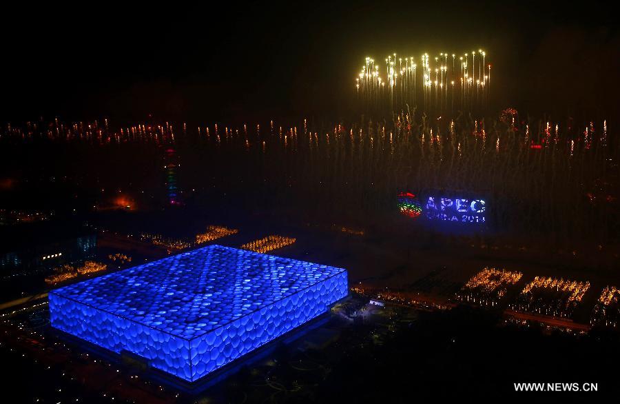 Fireworks explode in the sky over the Olympic Park in Beijing, China, Nov. 10, 2014.