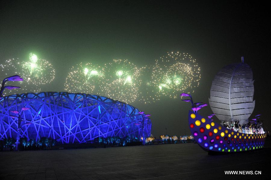 A firework show is staged at Olympic Park in Beijing, capital of China, Nov. 10, 2014. The 22nd Asia-Pacific Economic Cooperation (APEC) Economic Leaders' Meeting takes place in Beijing from Nov. 10 to 11. 