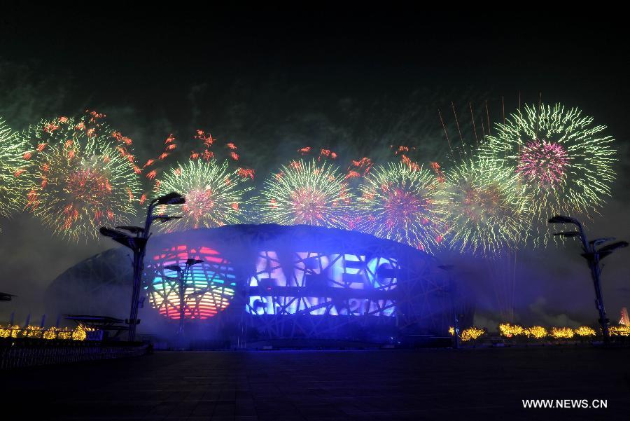 A firework show is staged at Olympic Park in Beijing, capital of China, Nov. 10, 2014. The 22nd Asia-Pacific Economic Cooperation (APEC) Economic Leaders' Meeting takes place in Beijing from Nov. 10 to 11. 