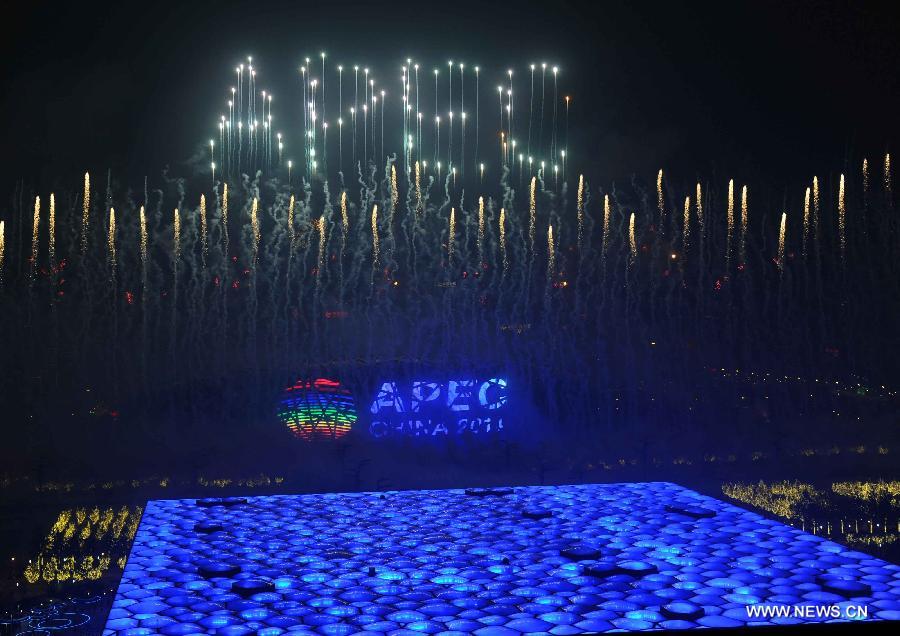 Fireworks explode in the sky over the Olympic Park in Beijing, China, Nov. 10, 2014.